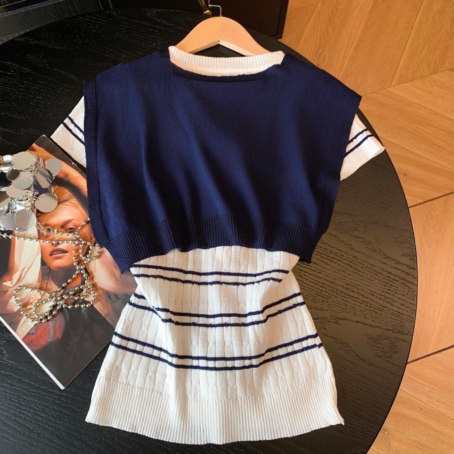 航海風穿搭女夏季韓版小馬刺繡條紋針織短袖t恤辣妹披肩上衣套裝