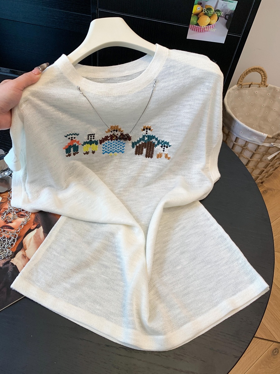 卡通風刺繡針織衫女裝短袖圓領寬松透氣2026夏季新款簡約百搭上衣