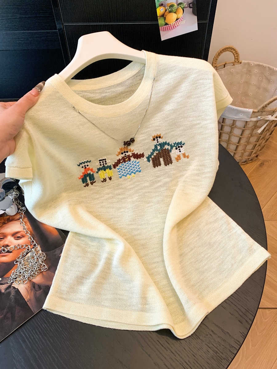 卡通風刺繡針織衫女裝短袖圓領寬松透氣2026夏季新款簡約百搭上衣