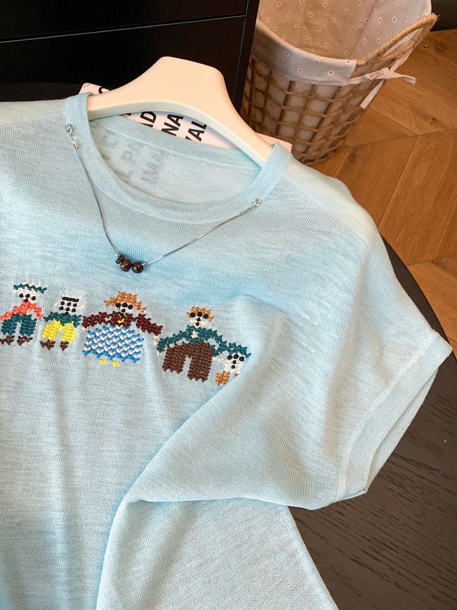 卡通風刺繡針織衫女裝短袖圓領寬松透氣2026夏季新款簡約百搭上衣