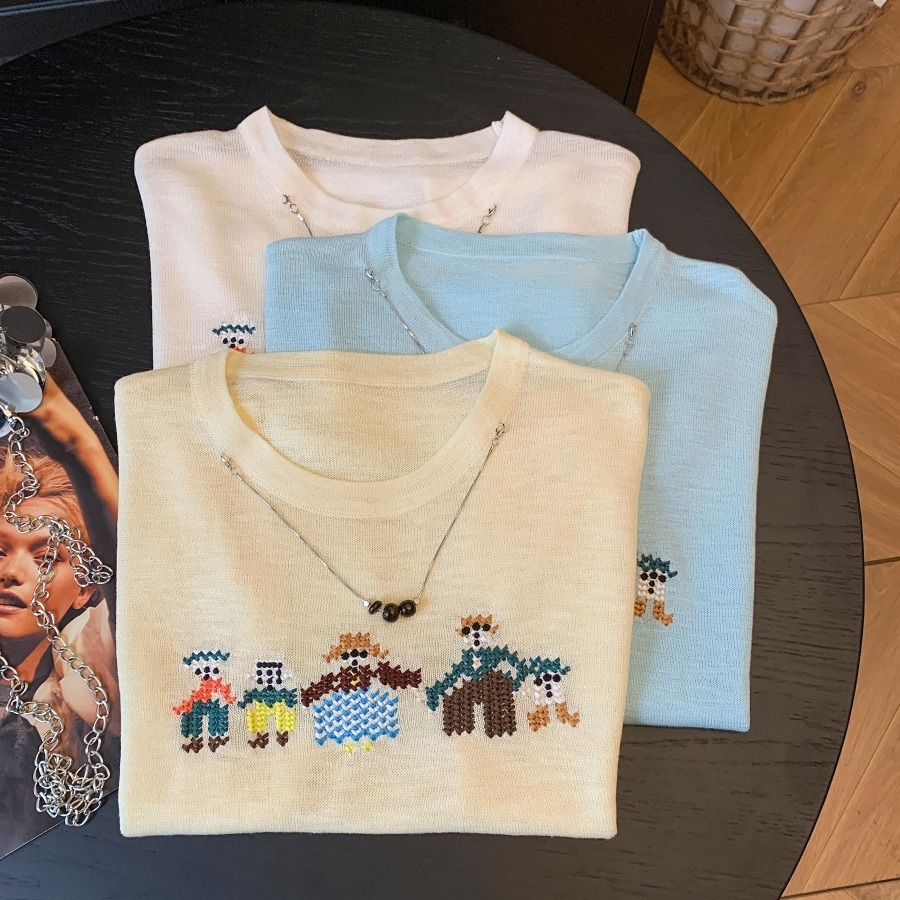 卡通風刺繡針織衫女裝短袖圓領寬松透氣2026夏季新款簡約百搭上衣