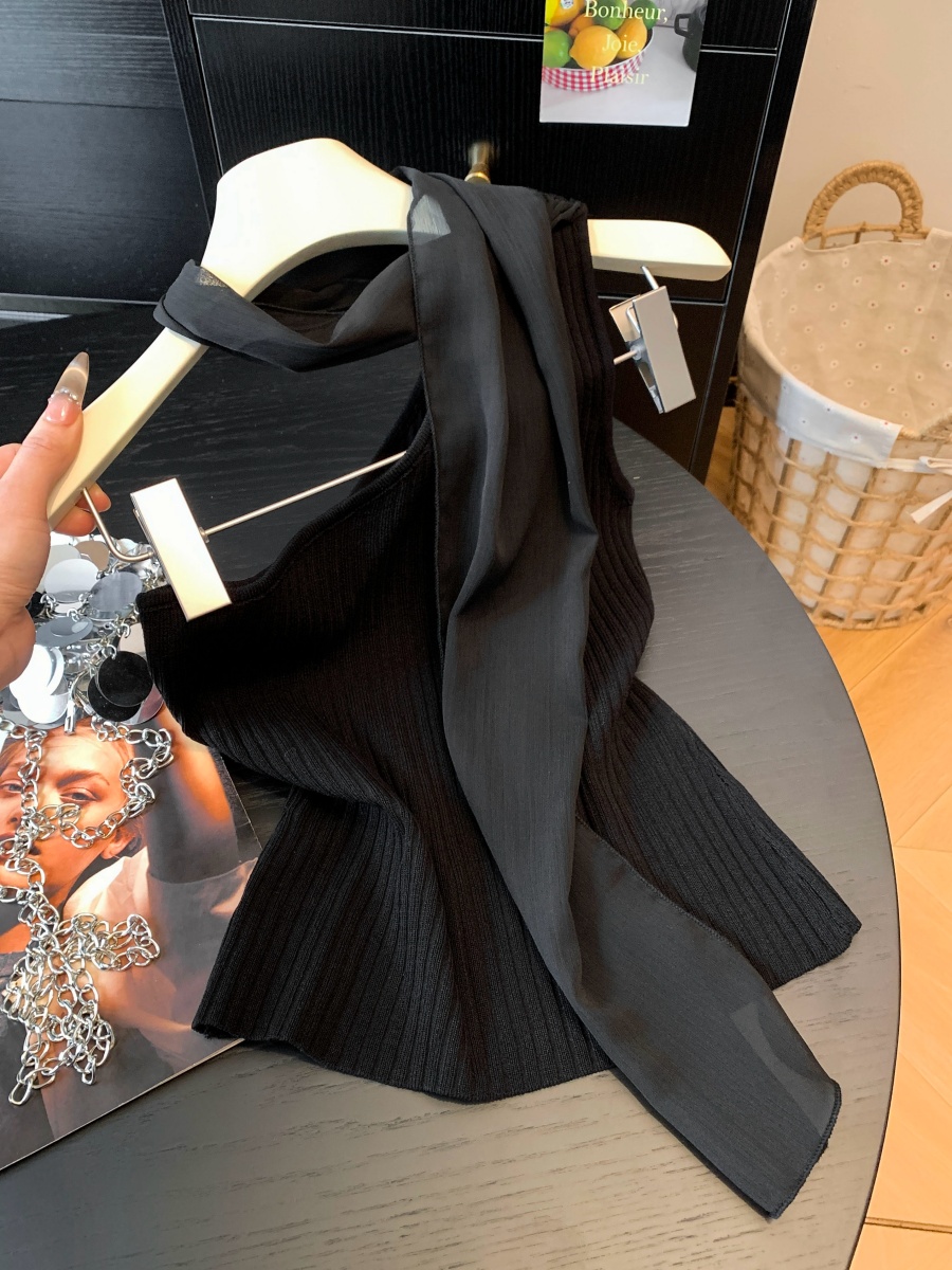 實拍~韓系辣妹飄帶斜肩針織背心女夏季款修身顯瘦氣質上衣