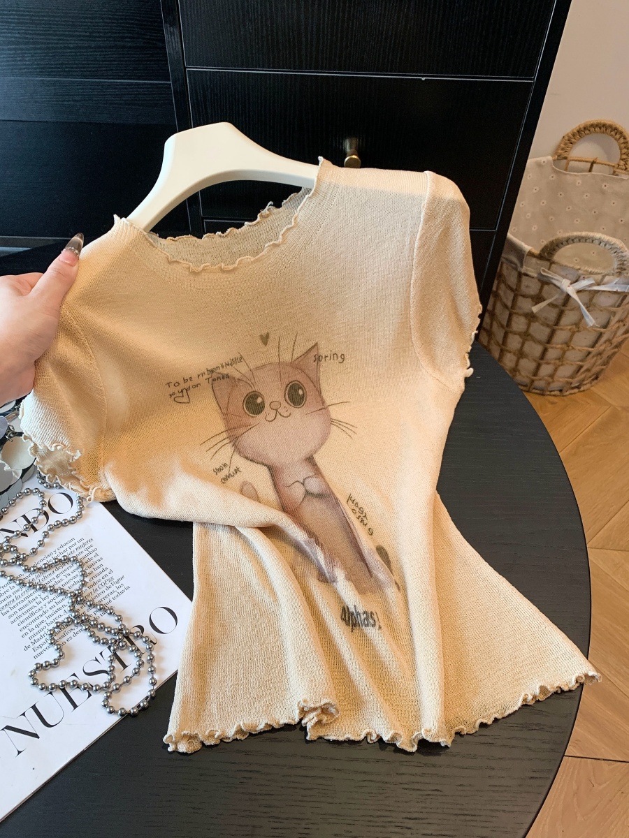 實拍自留推薦小貓印花木耳邊小飛袖針織衫女夏季新款溫柔甜美上衣