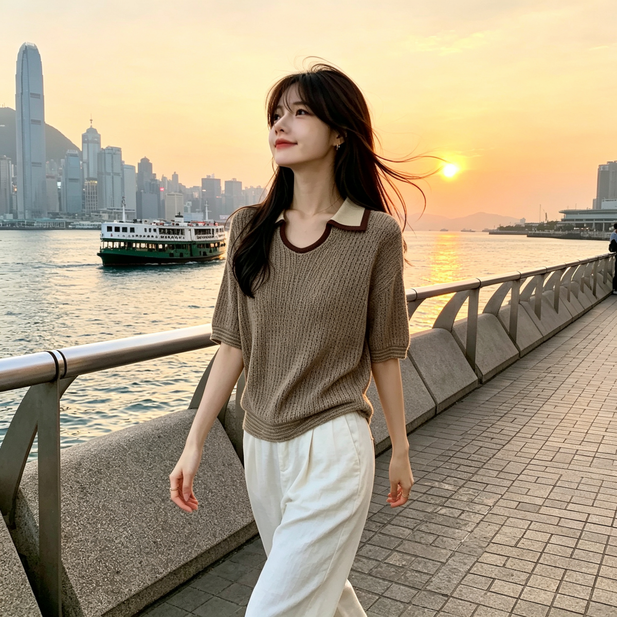 韓系老錢風小眾撞色u型翻領薄款亞麻針織衫夏新款寬松短袖上衣女