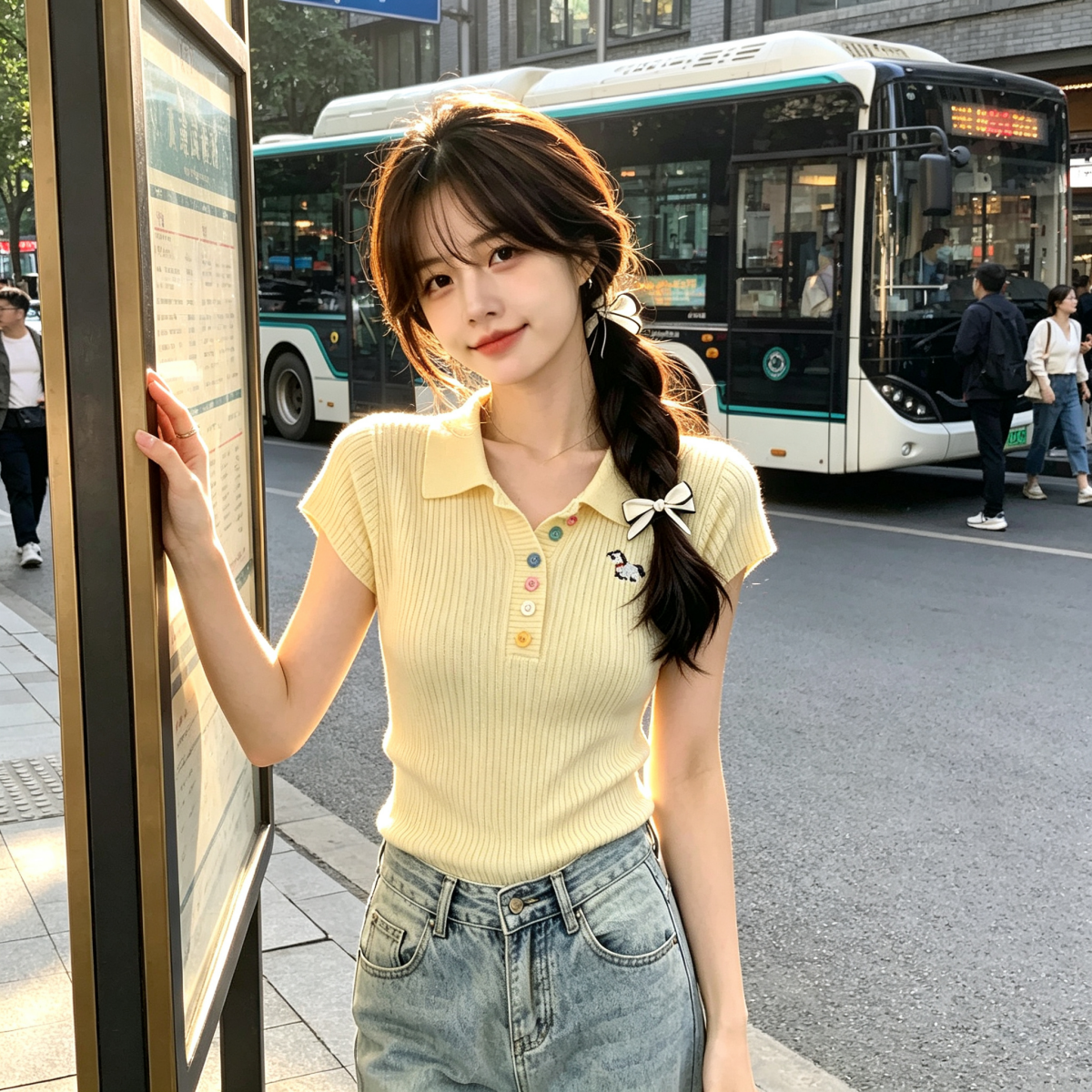 韓版高級感彩扣POLO領短袖針織衫女夏季薄款修身短款上衣減齡T恤