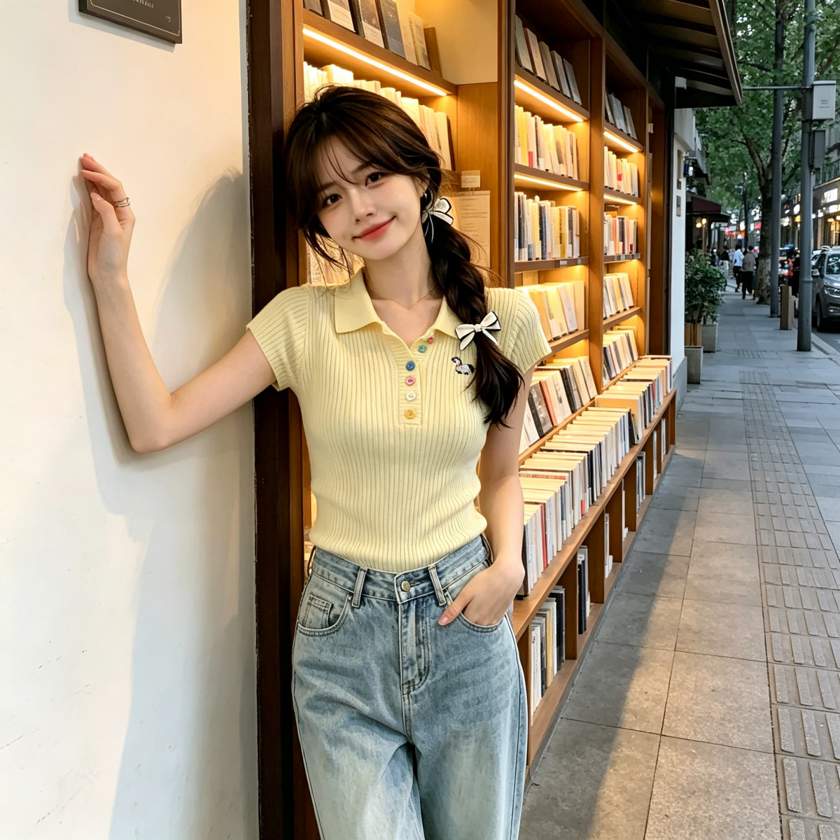 韓版高級感彩扣POLO領短袖針織衫女夏季薄款修身短款上衣減齡T恤