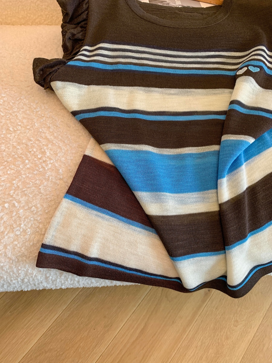 愛心刺繡撞色無袖針織t恤女夏薄款甜美減齡亞麻寬松花邊飛飛袖t恤