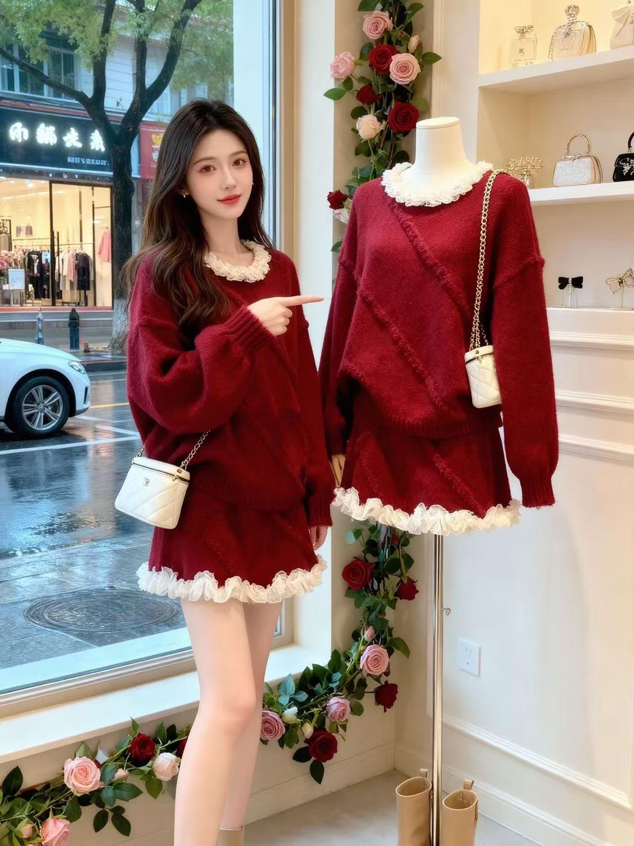 MY15640# 蕾丝花边甜美毛衣套装加厚慵懒+时尚休闲短裙两件套女裝貨源...