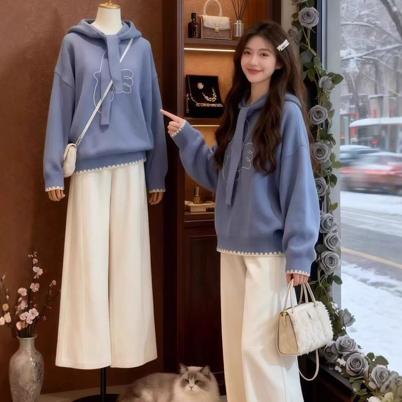 MY15639# 学院风连帽毛衣女款新款高级感时尚蓝色卡通针织衫上衣女女裝貨源服裝批發