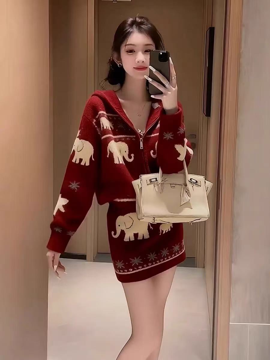 MY15638# 费尔岛红色针织提花套装新款减龄穿搭上衣半身裙两件套女裝貨源服裝批發