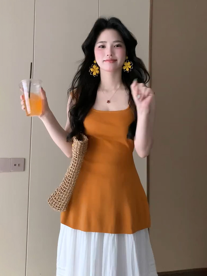 已到貨 橘色純欲風氣質修身顯瘦美式甜辣設計感露腰無袖針織女夏