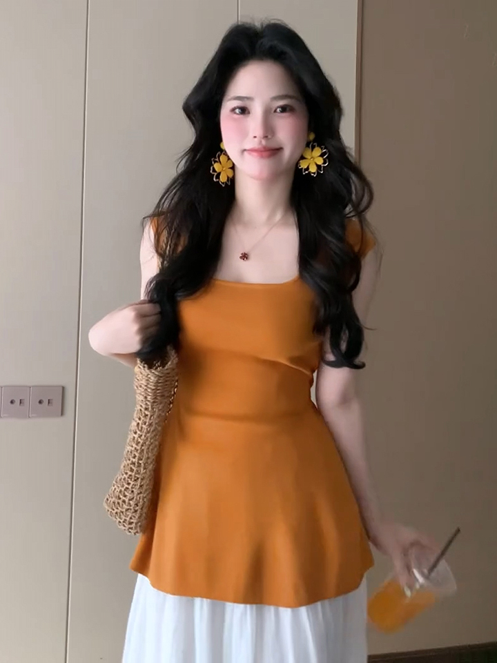 已到貨 橘色純欲風氣質修身顯瘦美式甜辣設計感露腰無袖針織女夏