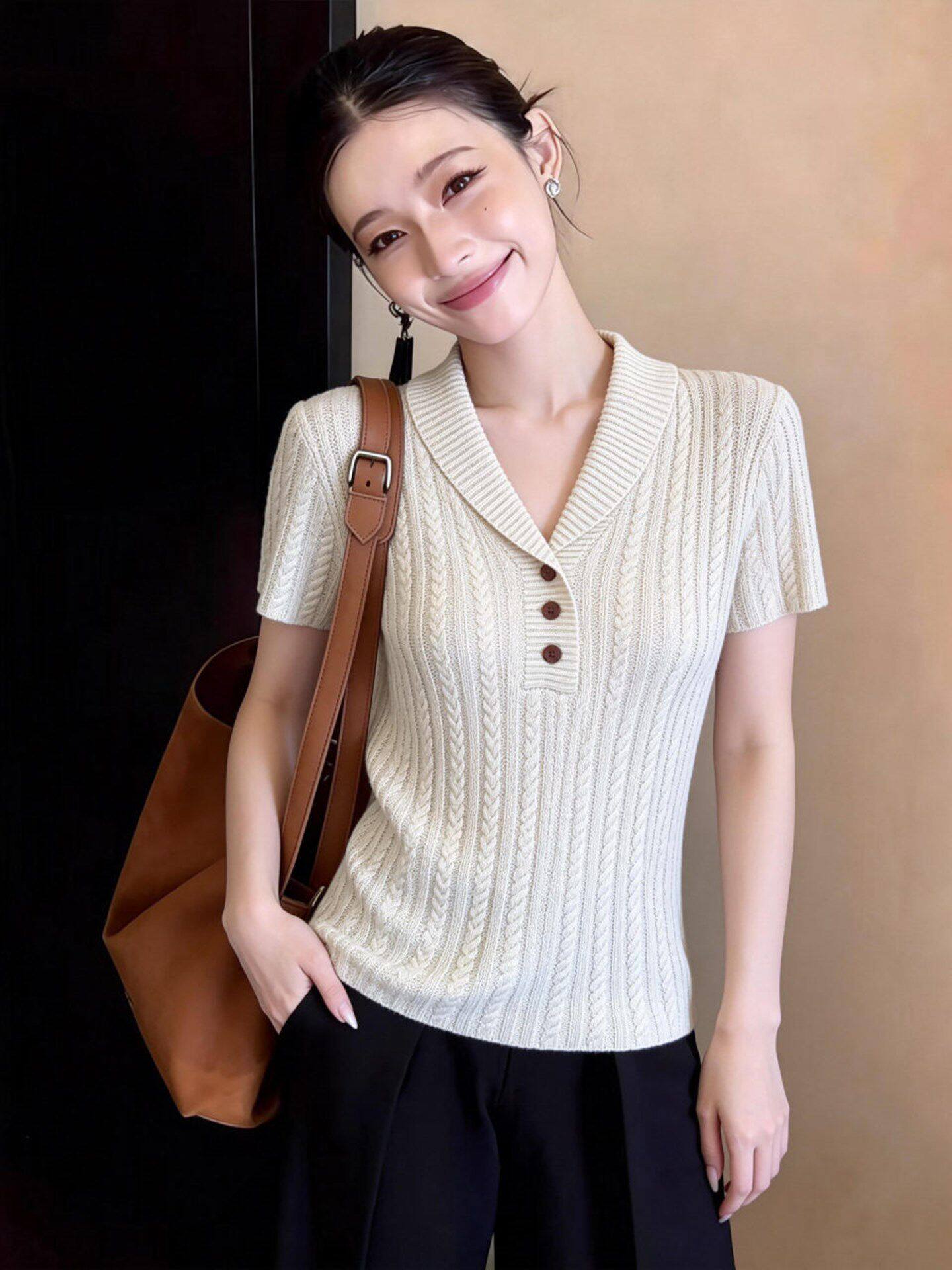 已到貨 春夏復古老錢風小翻領麻花短袖針織衫亞麻萊賽爾t恤上衣