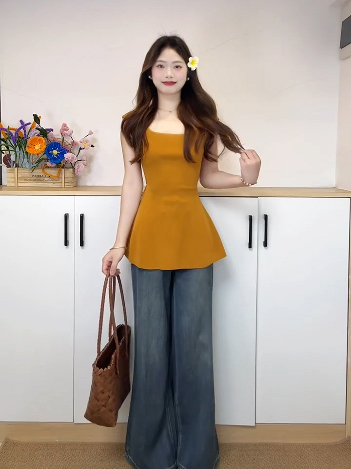 已到貨 純欲風氣質修身顯瘦美式甜辣設計感露腰無袖針織女夏