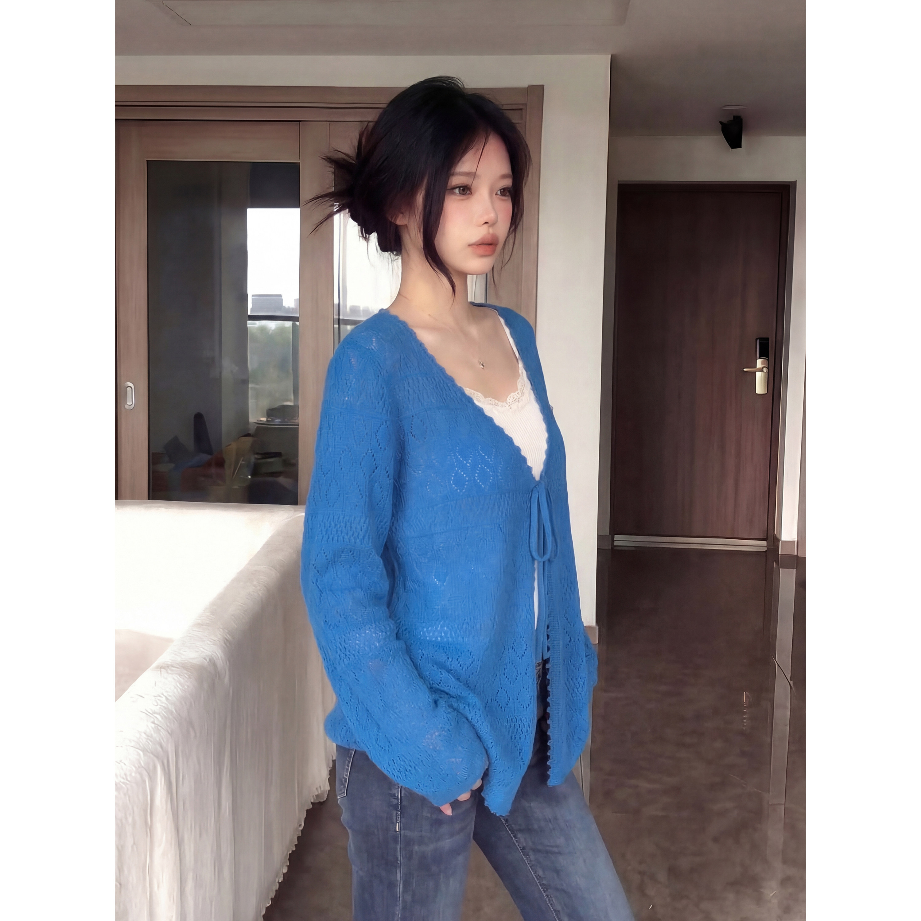 已到貨 鏤空薄款針織開衫女春夏季藍色罩衫防曬空調衫寬松上衣