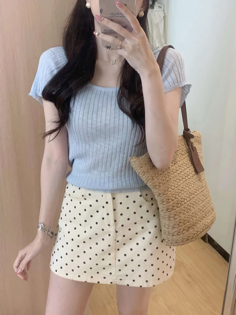 已到貨 法式辣妹紫色方領短款上衣女夏季新款冰絲針織短袖女夏天
