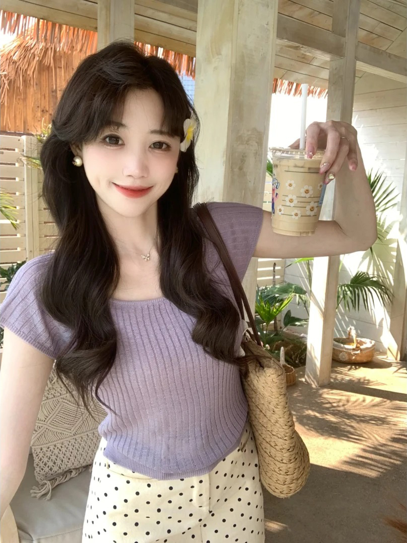 已到貨 法式辣妹紫色方領短款上衣女夏季新款冰絲針織短袖女夏天