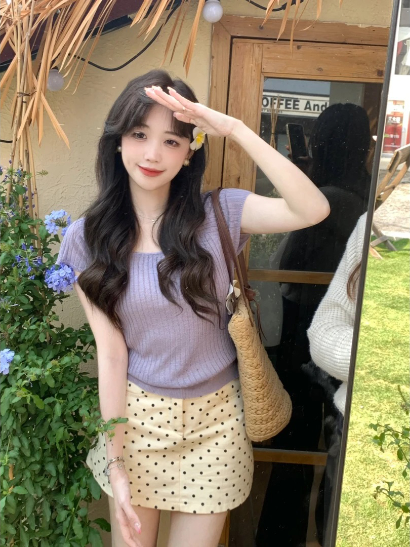 已到貨 法式辣妹紫色方領短款上衣女夏季新款冰絲針織短袖女夏天