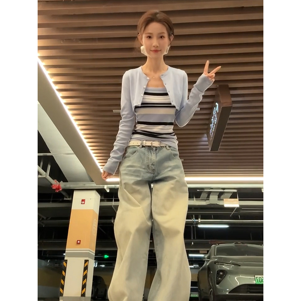 已到貨 早春設計休閑套裝長袖罩衫內搭條紋針織吊帶兩件套女