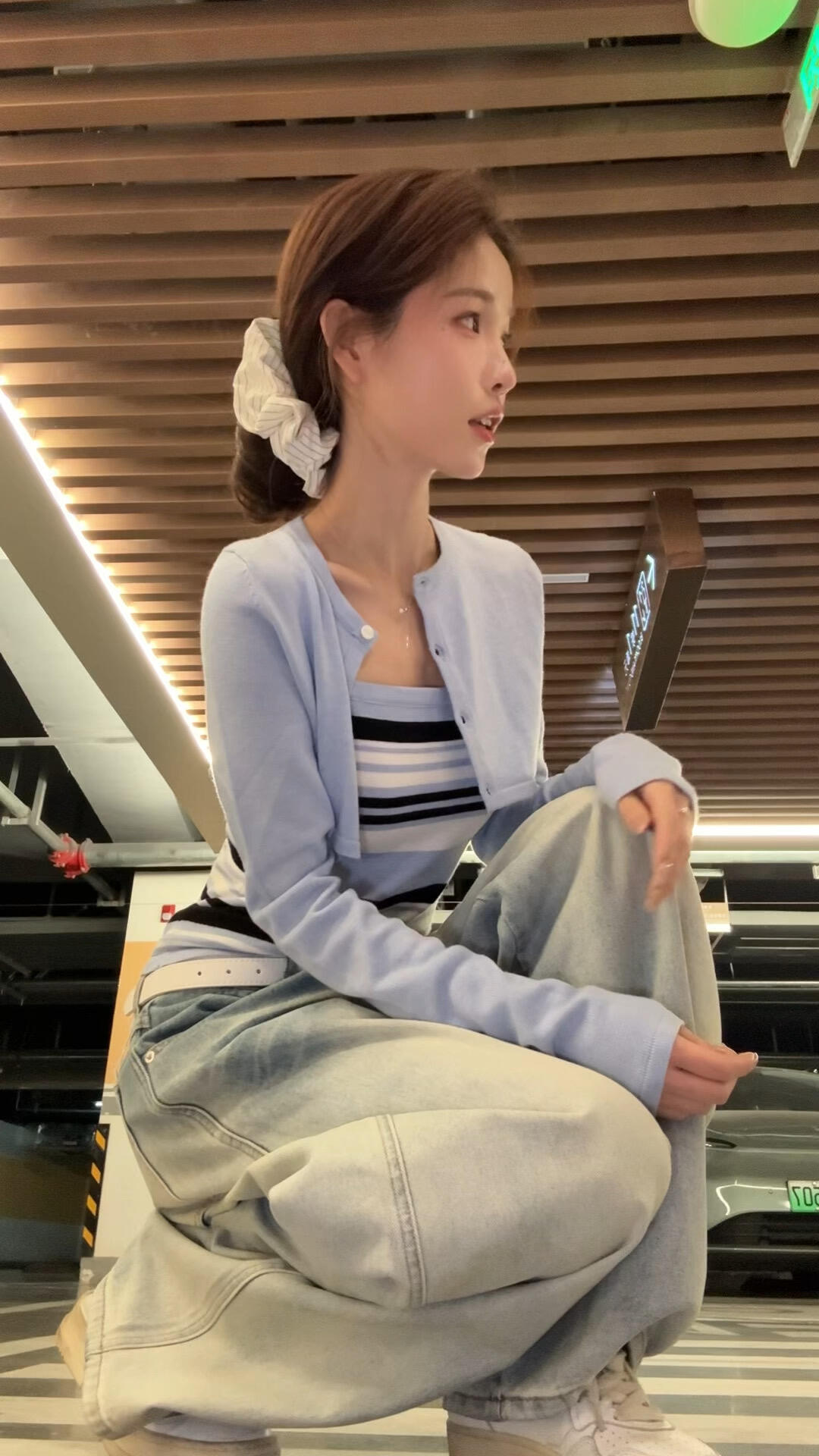 已到貨 早春設計休閑套裝長袖罩衫內搭條紋針織吊帶兩件套女