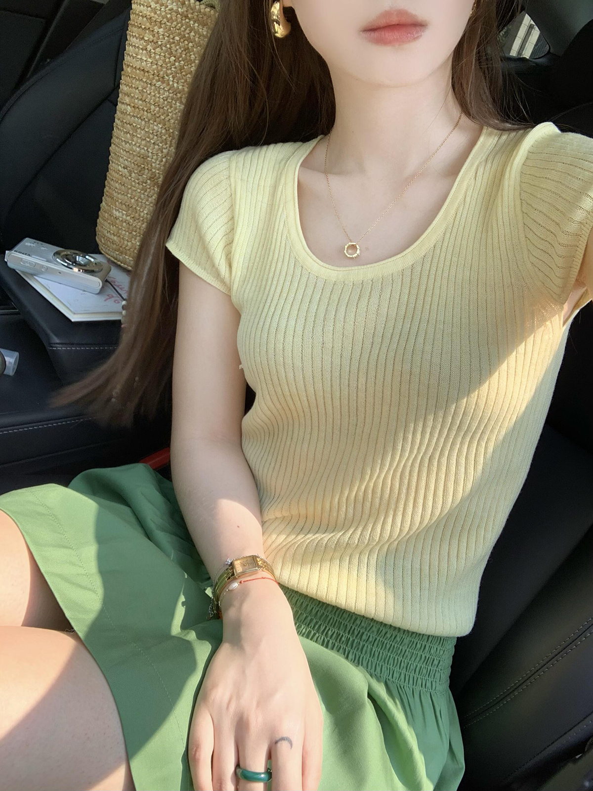 已到貨 法式辣妹紫色方領短款上衣女夏季新款冰絲針織短袖女夏季
