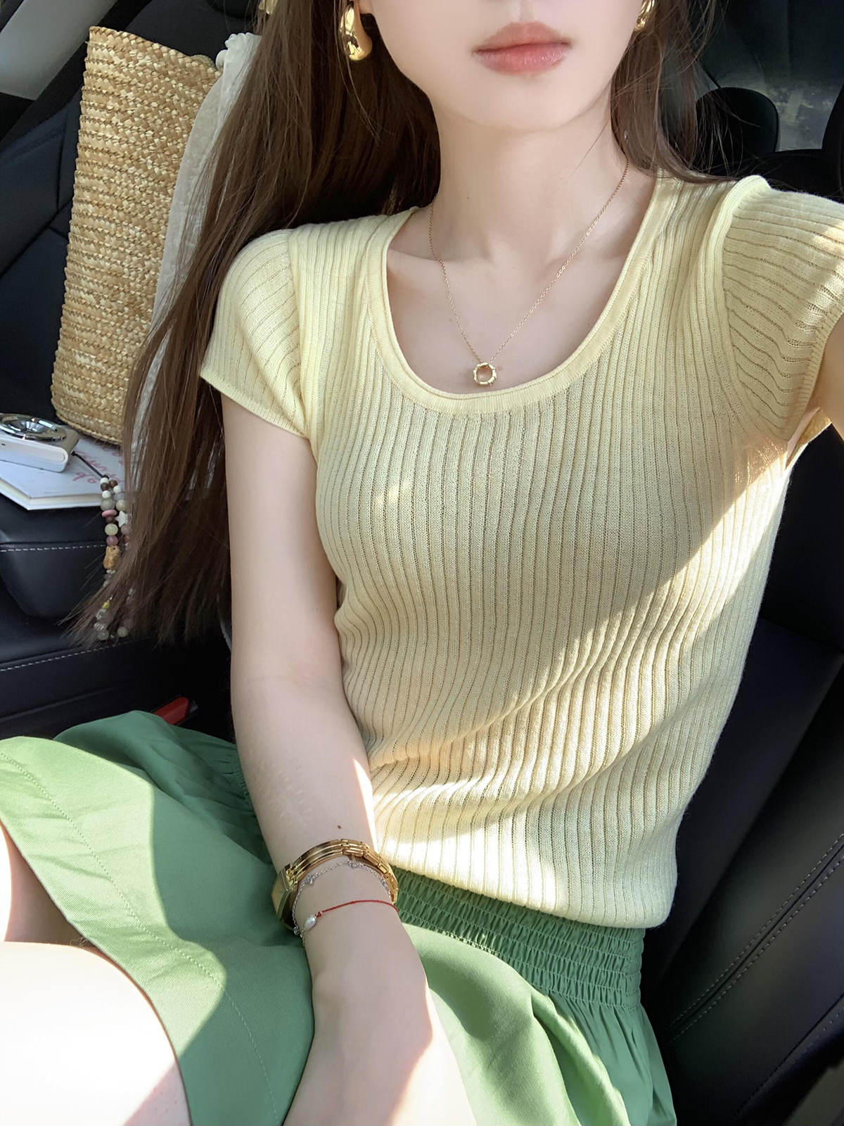 已到貨 法式辣妹紫色方領短款上衣女夏季新款冰絲針織短袖女夏季