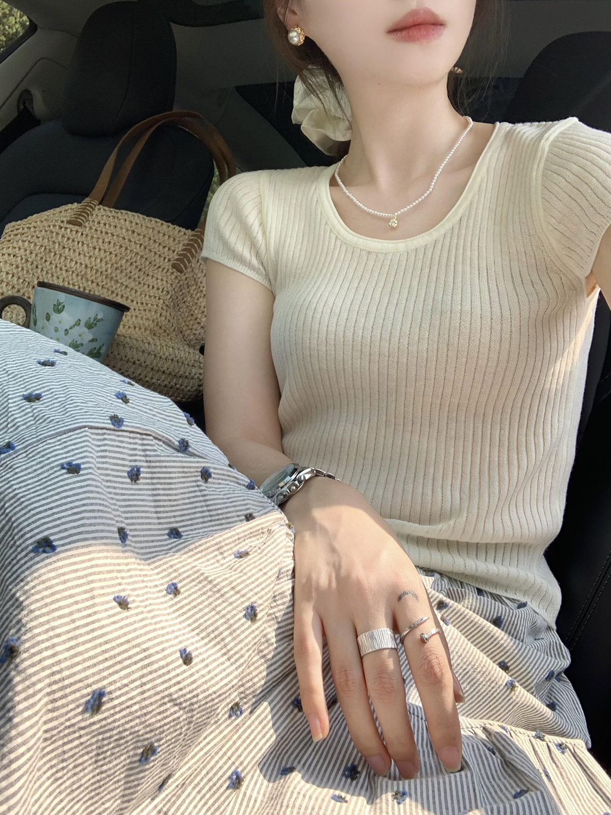 已到貨 法式辣妹紫色方領短款上衣女夏季新款冰絲針織短袖女夏季