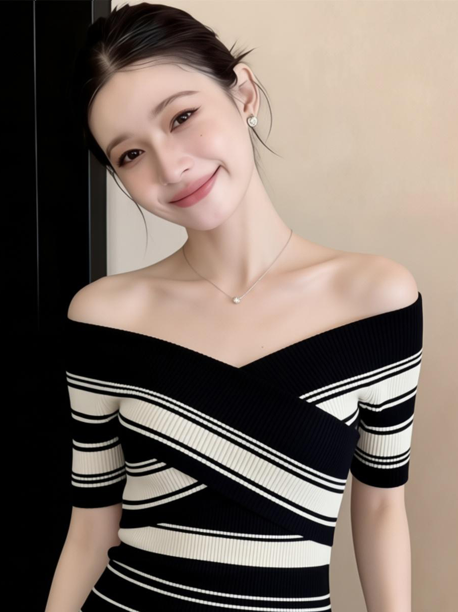 已到貨 撞色條紋交叉短袖針織衫女夏一字肩收腰修身短款上衣
