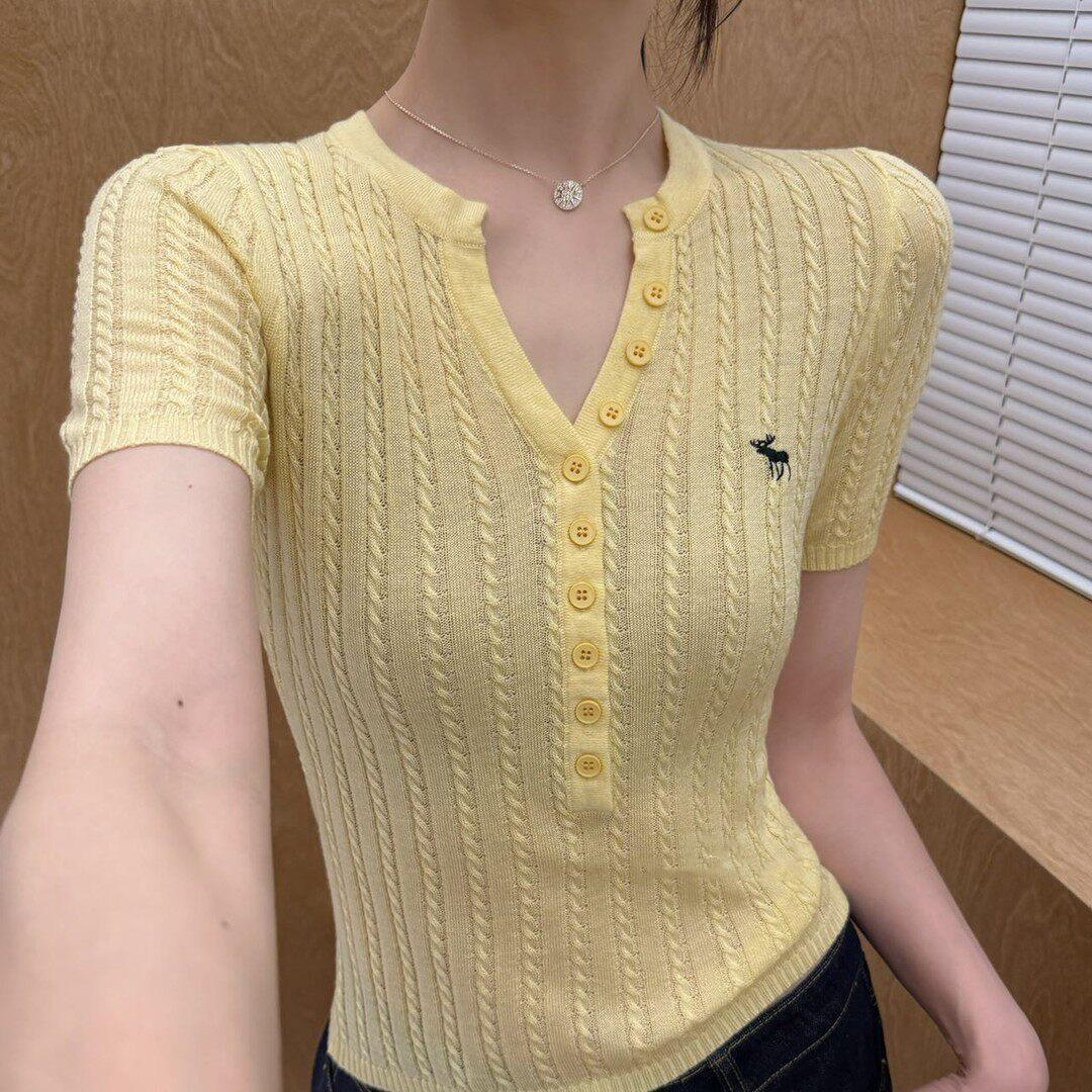 已到貨 刺繡v領短袖針織t恤女夏季修身顯瘦辣妹短款正肩小上衣