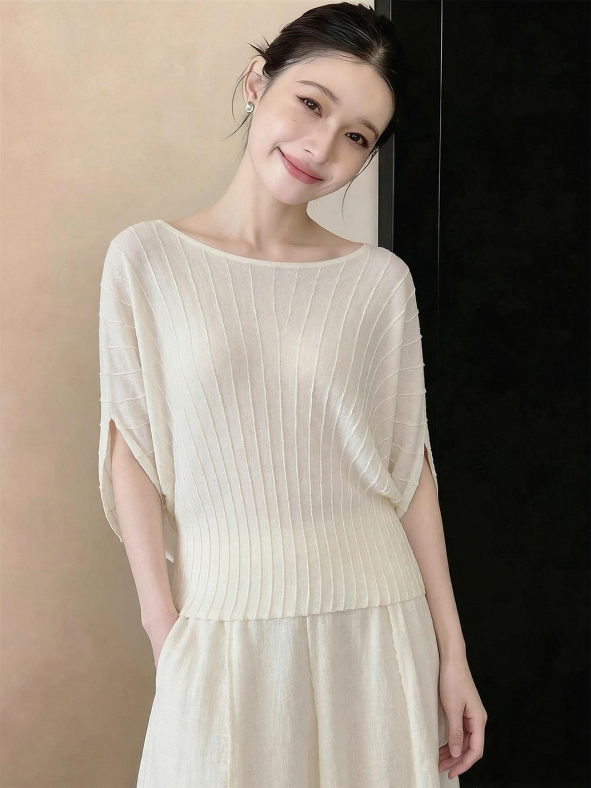 已到貨 法式設計感貝殼紋蝙蝠袖針織衫女2夏寬松慵懶風上衣