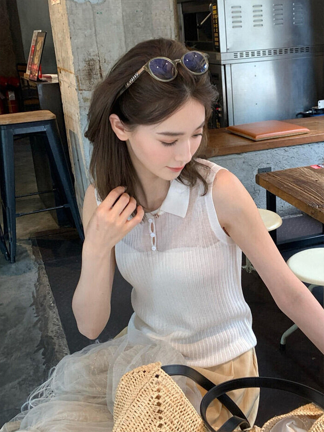 已到貨 法式小資白色翻領針織吊帶背心女夏絕美內搭外穿無袖上衣