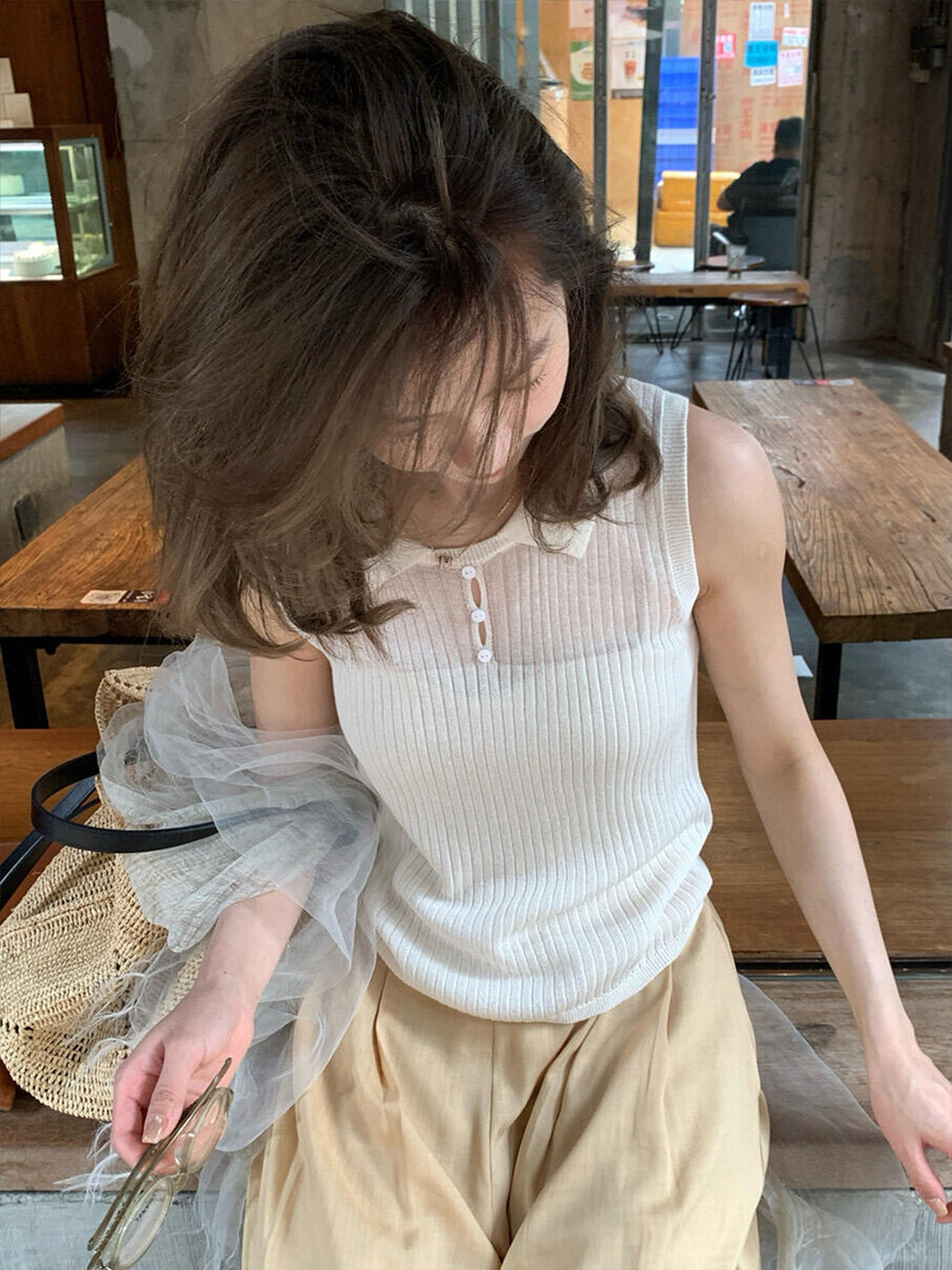 已到貨 法式小資白色翻領針織吊帶背心女夏絕美內搭外穿無袖上衣
