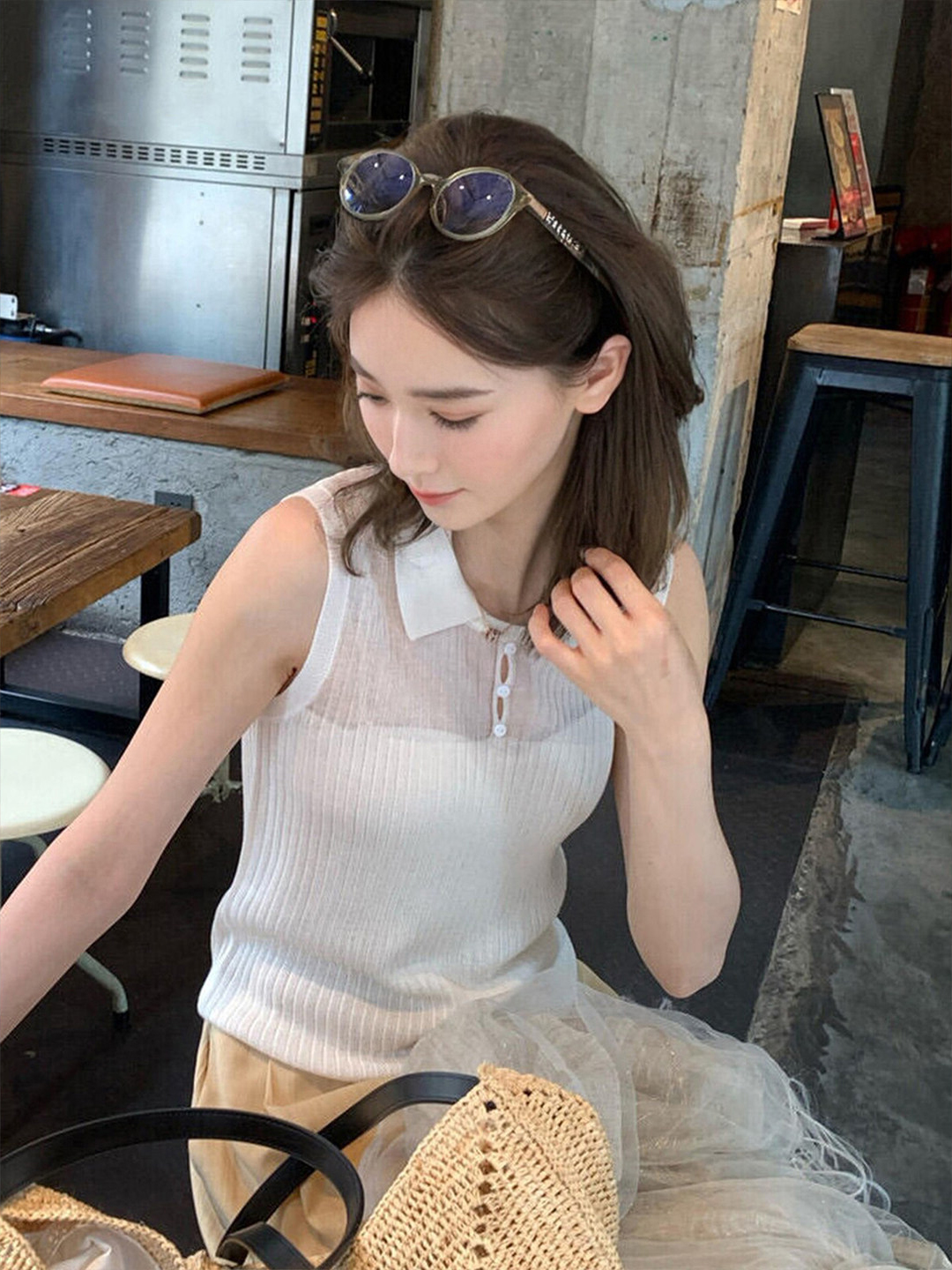 已到貨 法式小資白色翻領針織吊帶背心女夏絕美內搭外穿無袖上衣