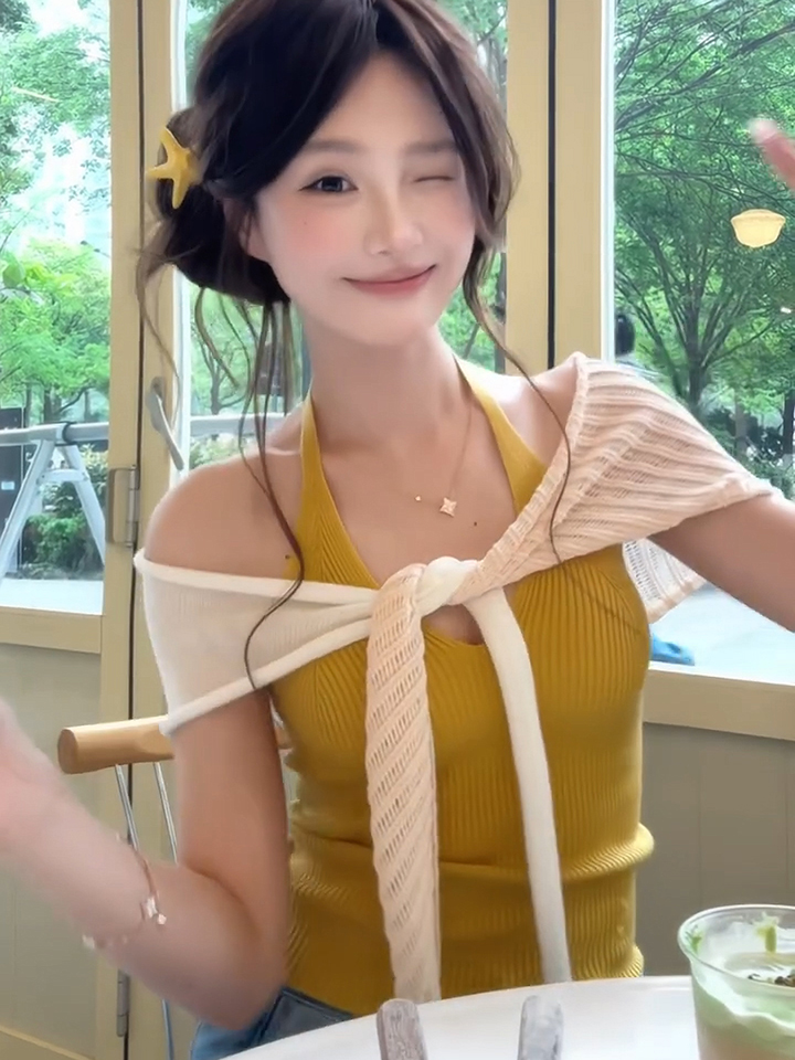 已到貨 羊毛混紡掛脖吊帶仿亞麻披肩兩件套夏季針織套裝