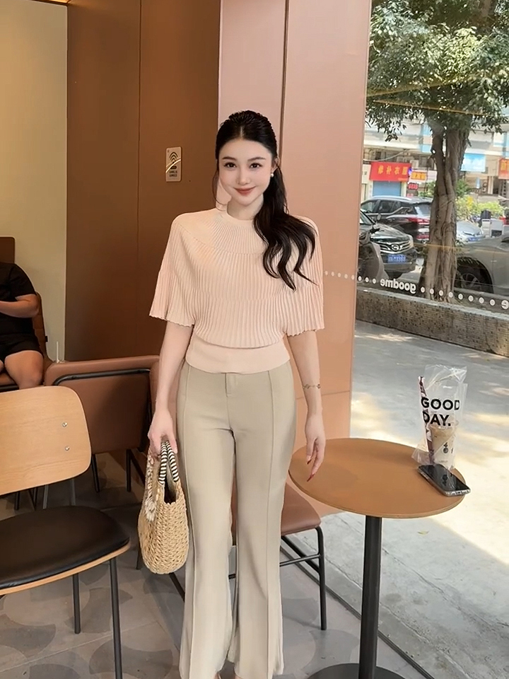 已到貨 李慧一夏季高端韓系氣質時尚顯瘦遮肉百褶純色冰感上衣