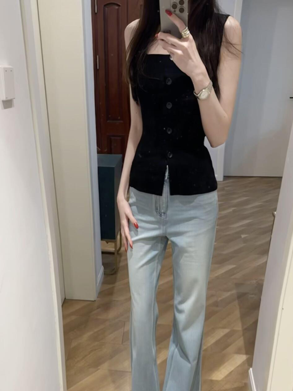 已到貨 一排扣天絲無袖背心女夏百搭修身顯瘦吊帶橘色上衣
