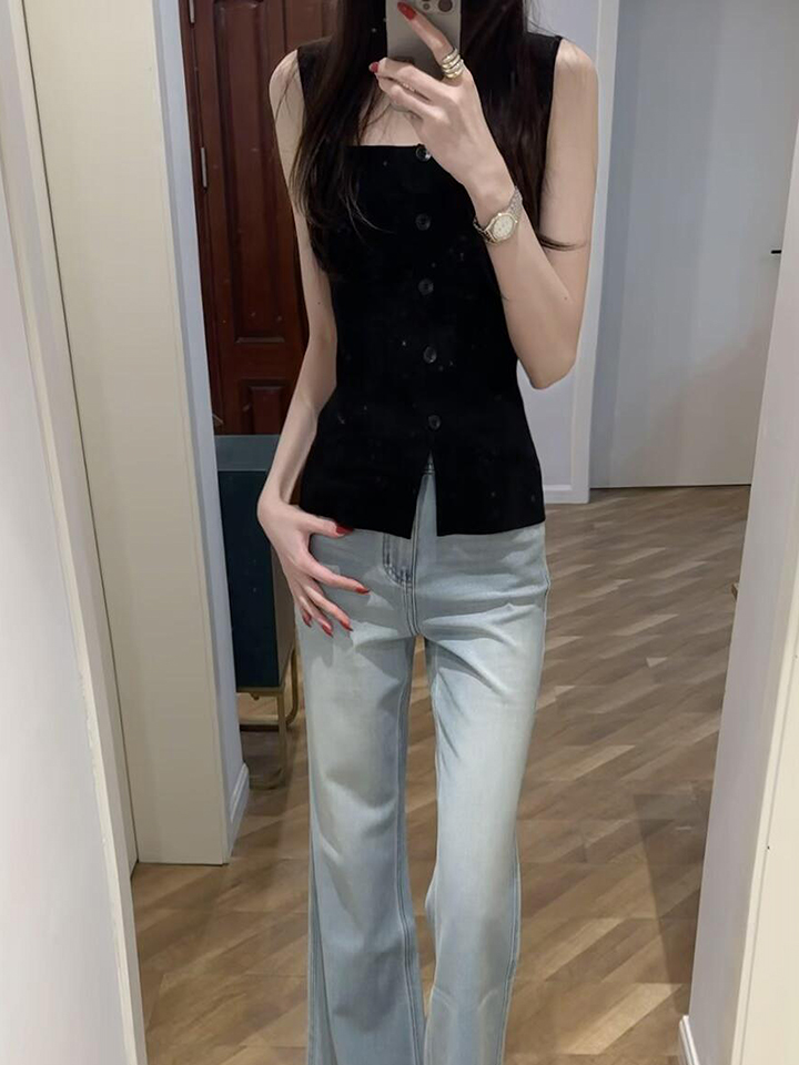 已到貨 一排扣天絲無袖背心女夏百搭修身顯瘦吊帶橘色上衣