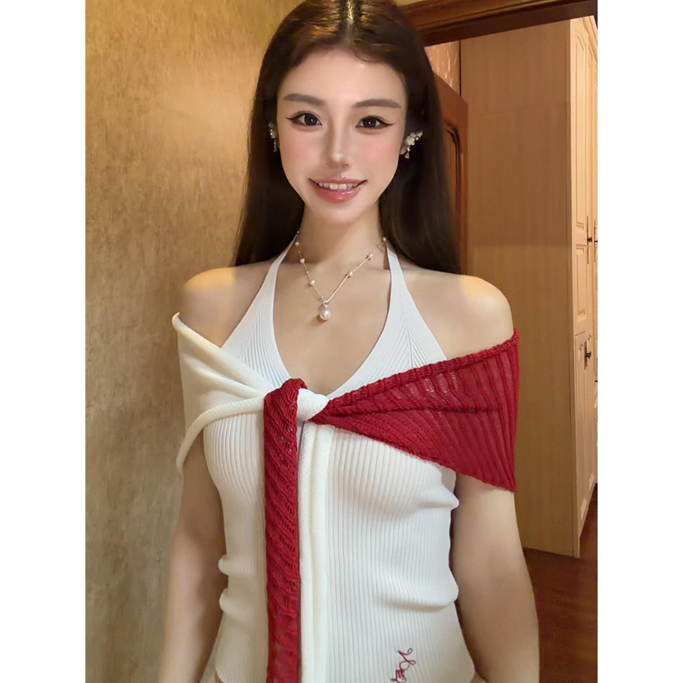 已到貨 羊毛混紡掛脖吊帶仿亞麻披肩兩件套夏季針織套裝