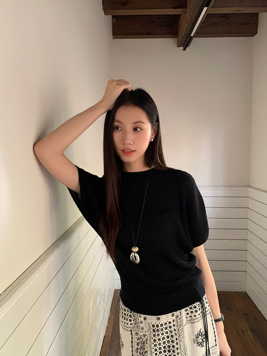 已到貨 夏新款老錢質感肌理萊賽爾蝙蝠袖針織衫女松弛收腰上衣
