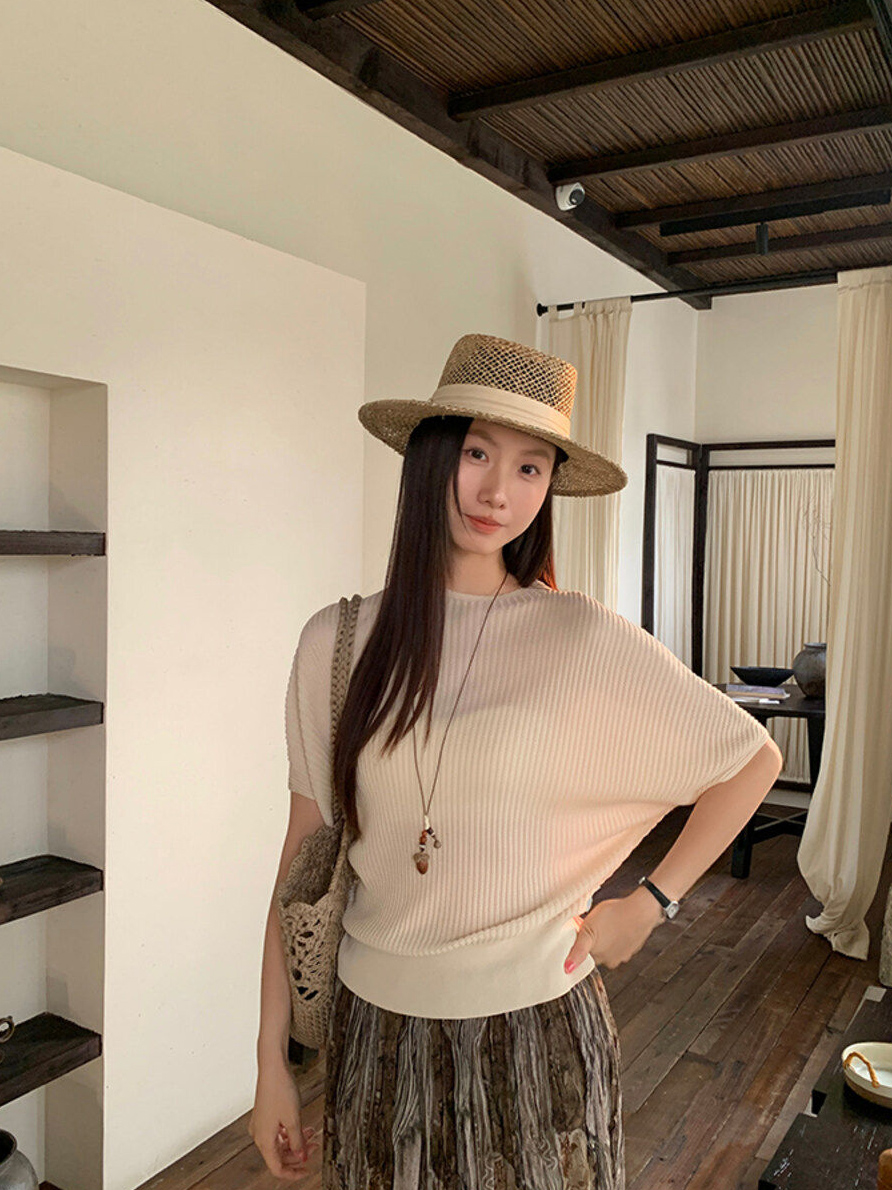 已到貨 夏新款老錢質感肌理萊賽爾蝙蝠袖針織衫女松弛收腰上衣