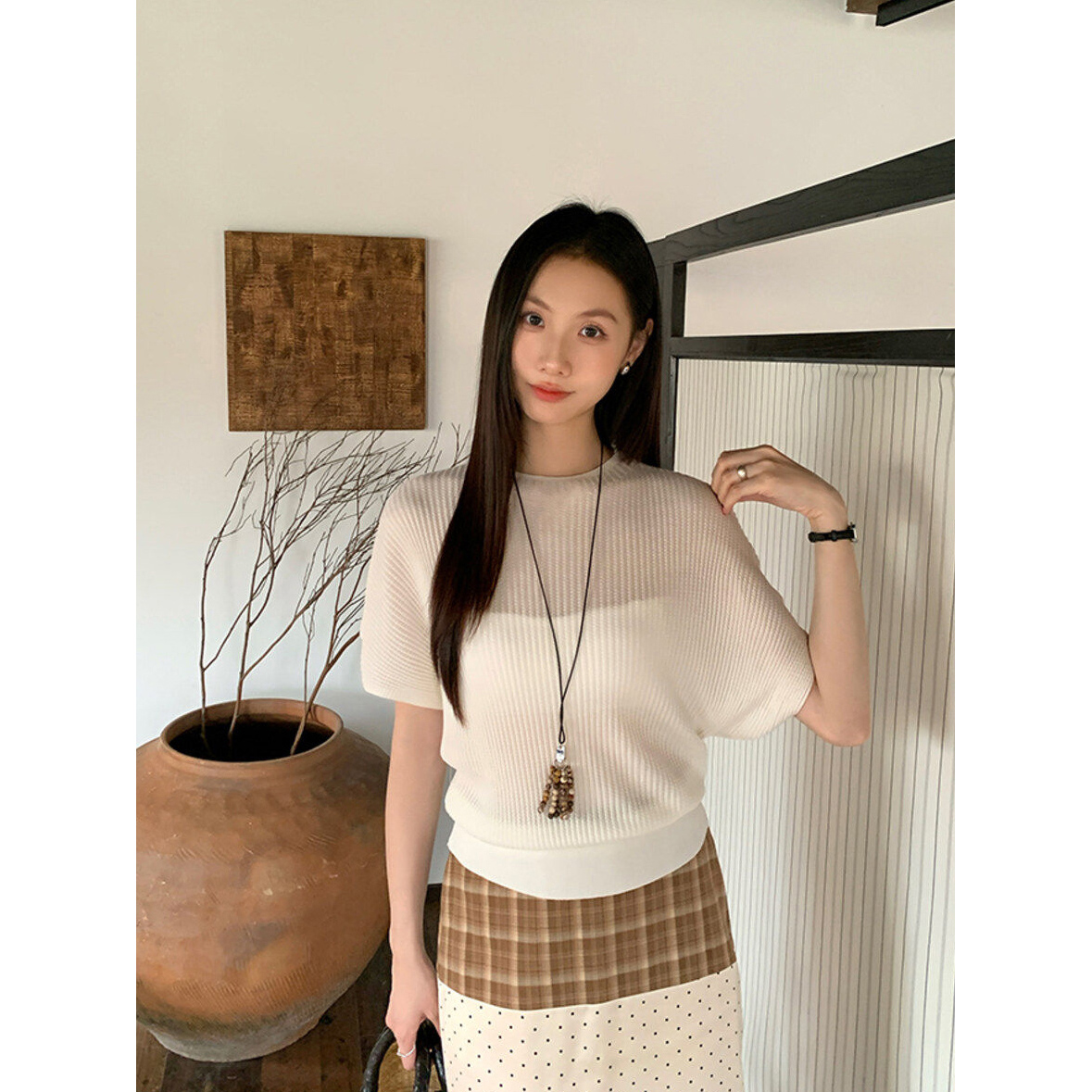 已到貨 夏新款老錢質感肌理萊賽爾蝙蝠袖針織衫女松弛收腰上衣