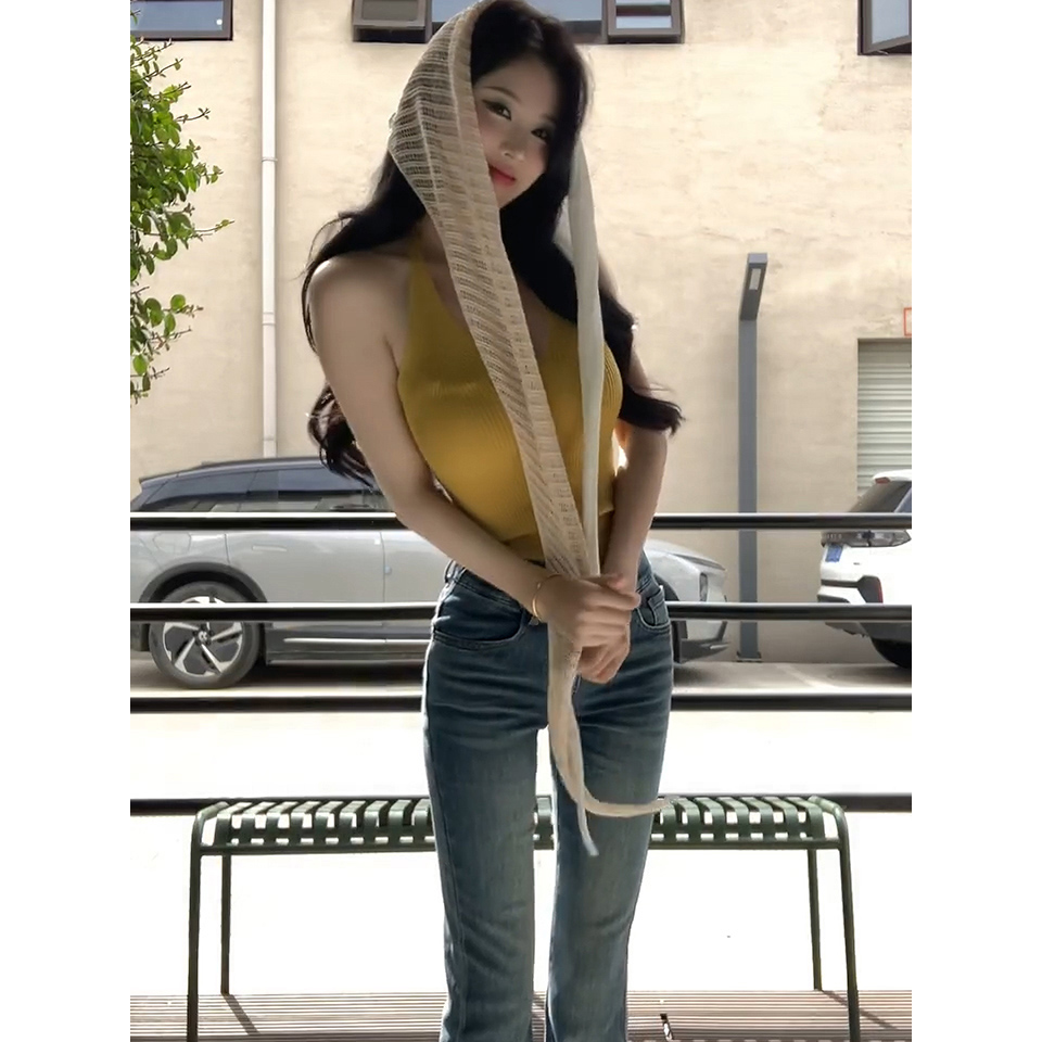已到貨 羊毛混紡掛脖吊帶仿亞麻披肩兩件套夏季針織套裝