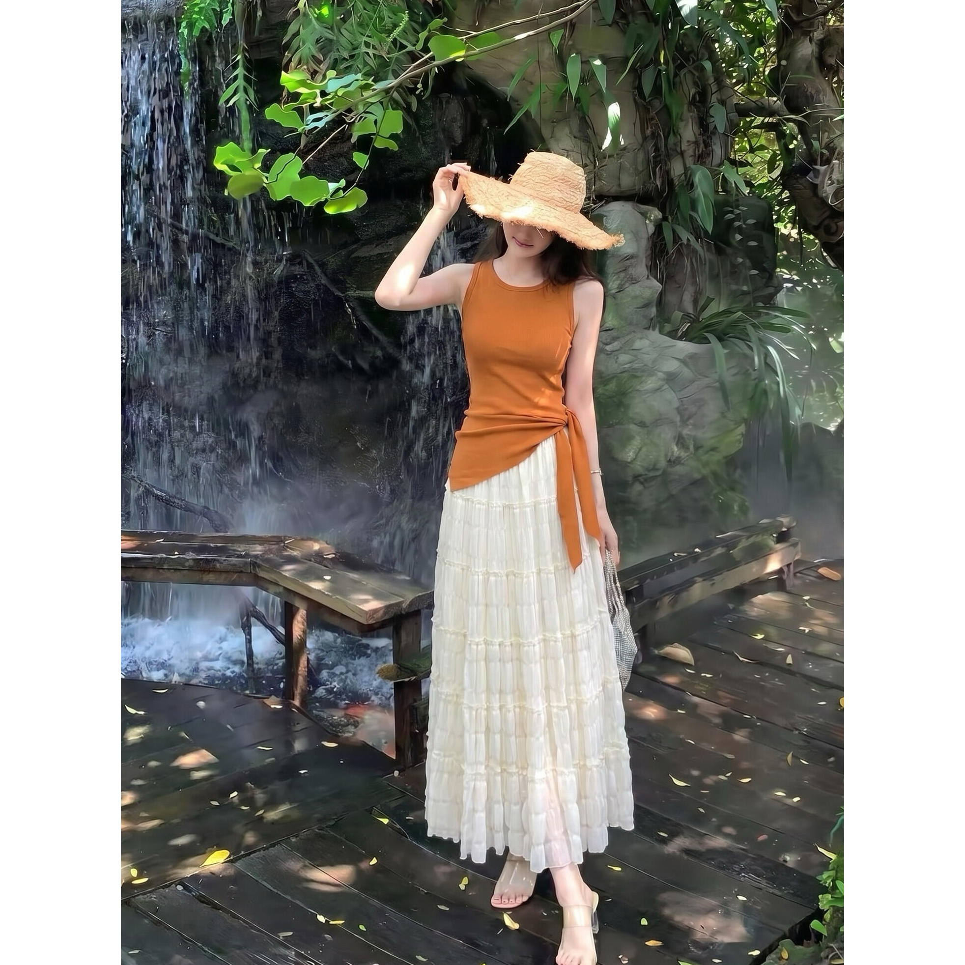 已到貨 夏季法式氣質圓領針織衫背心女高級感開叉綁帶收腰上衣