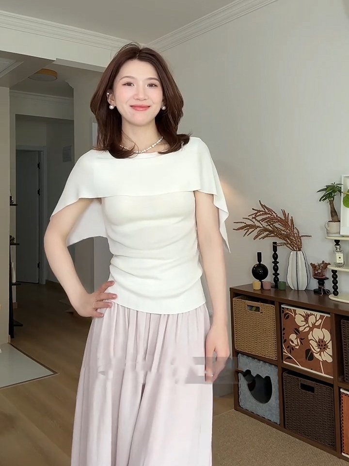 已到貨 老錢風一字肩斗篷短袖T恤女夏季氣質松弛針織衫收腰垂感