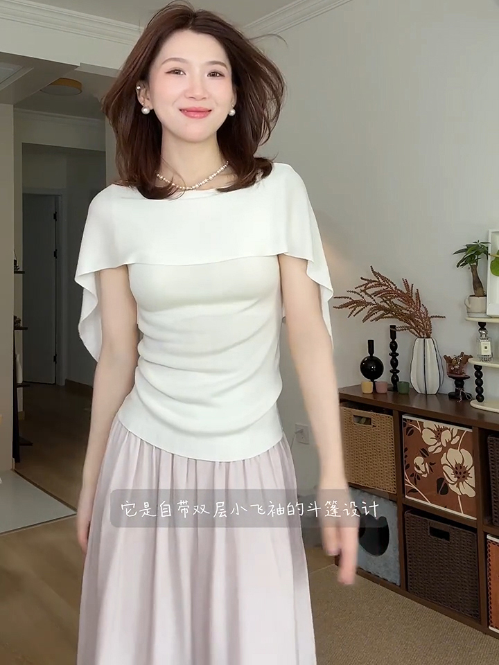 已到貨 老錢風一字肩斗篷短袖T恤女夏季氣質松弛針織衫收腰垂感