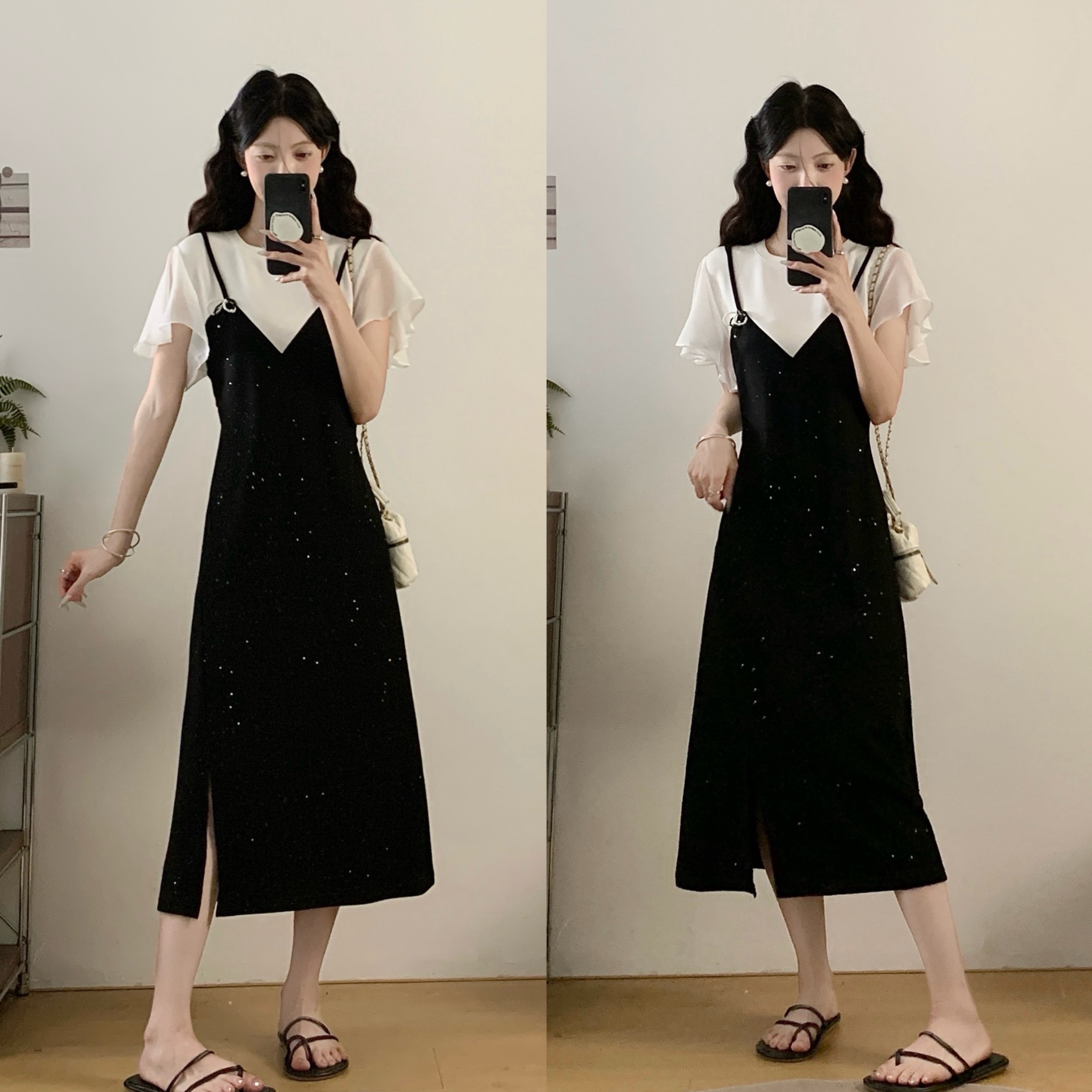 MY14360# 大码女夏设计感气质时尚休闲雪纺拼接假两件显瘦连衣裙女裝貨源服裝批發