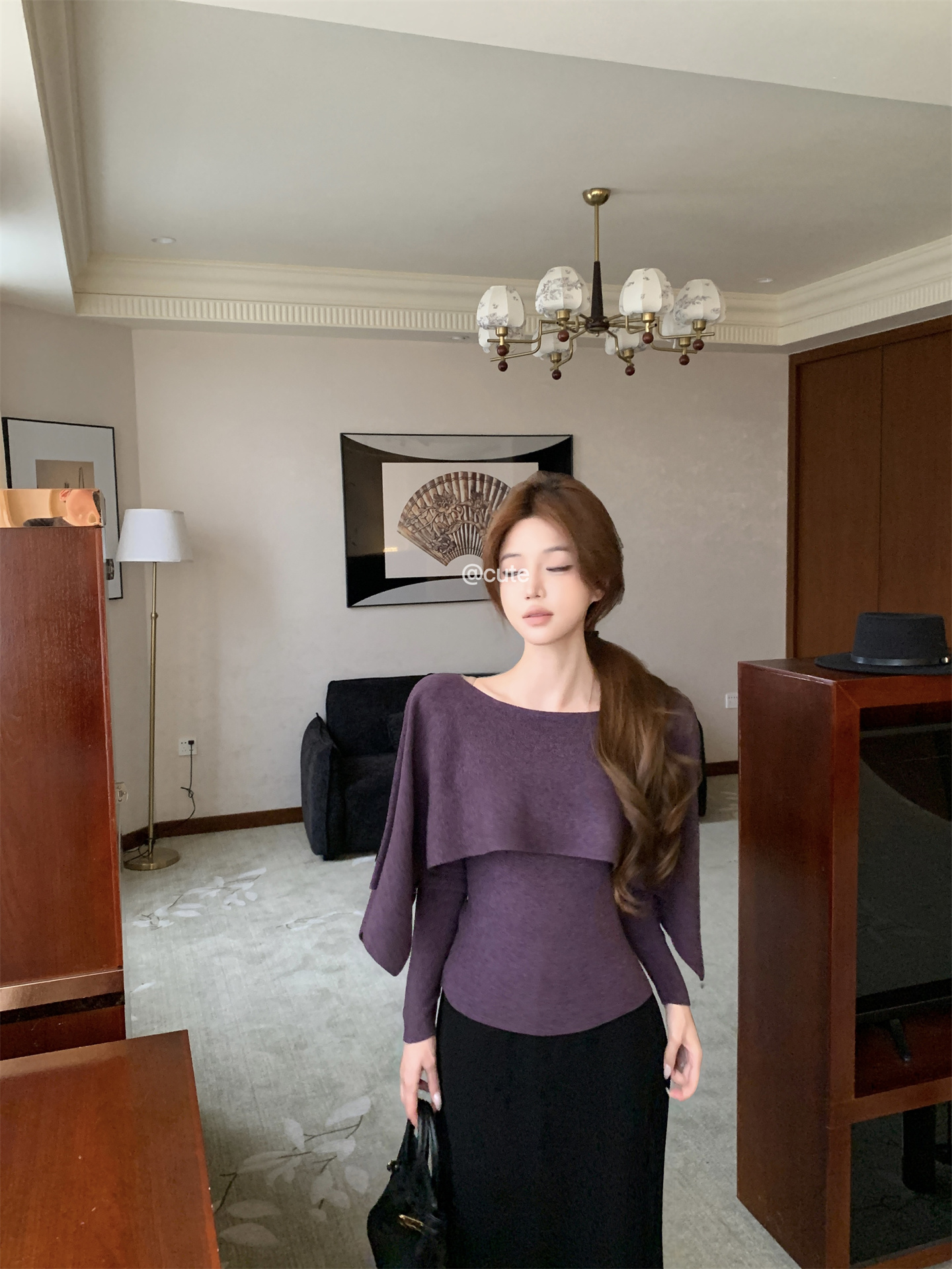 MY14970# 高级感千金斗篷披肩针织毛衣两件套+梨型身材遮肉长裙女裝貨源服裝批發