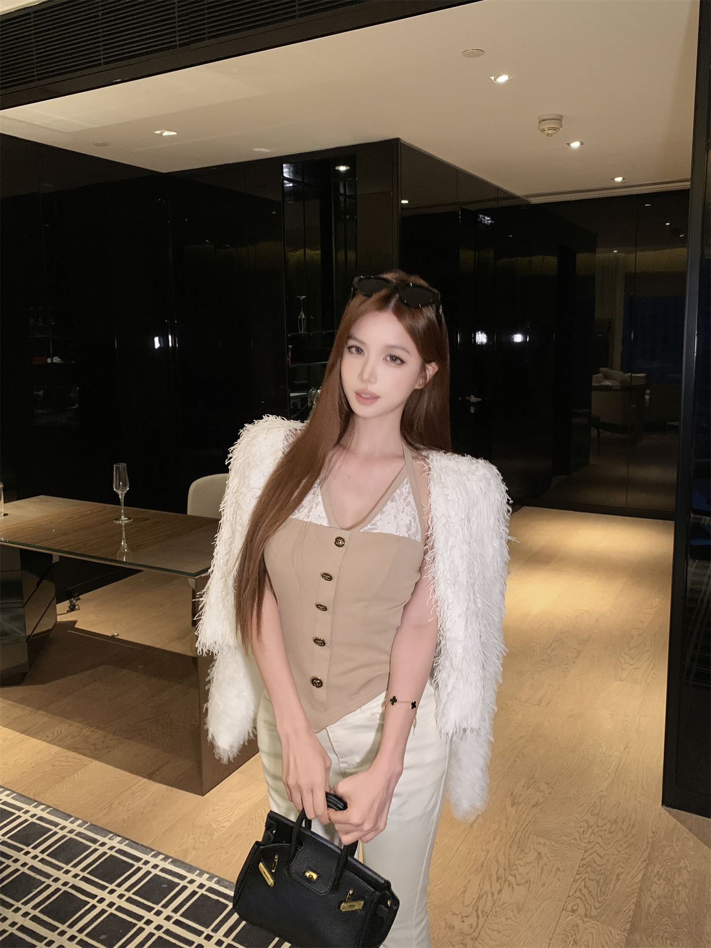 MY14968# 蕾丝拼接小香风吊带收腰挂脖背心+百搭流苏外套女裝貨源服裝批發