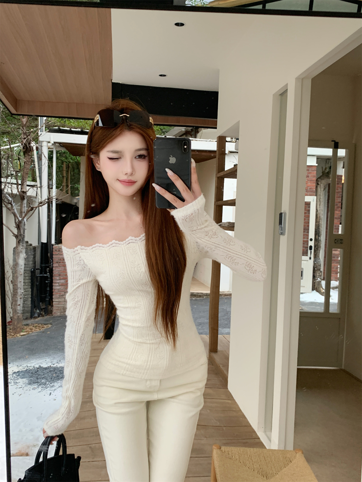 MY14967# 气质露锁骨一字肩修身蕾丝长袖上衣女裝貨源服裝批發