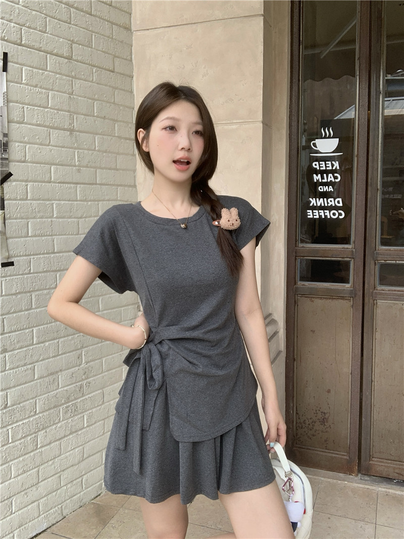 RY867# 实拍~大码女装韩系简约休闲绑带收腰T恤上衣+松紧腰宽松裙裤套...